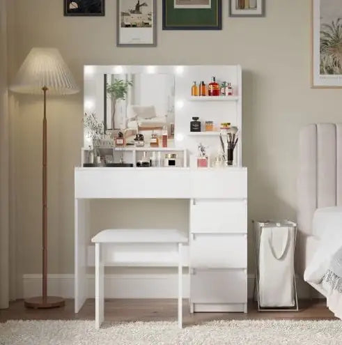 Vanity, Makeup Vanity Desk Set With Mirror Light, Dressing Table Storage Lots With Power Strip, 3 Lighting Modes With Adjustable Brightness, 37 Inches White With Stool